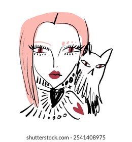 Fashion modern abstract portrait of pink hair girl with cat beauty makeup fast sketch hand drawn abstraction, vector illustration clip-art woman line black colour contour ink brush face art print for