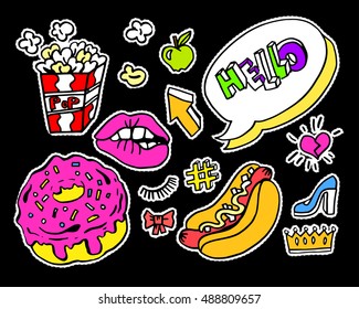Fashion modern doodle cartoon patch badges or stickers with speech bubbles, stars, heart, lips and other elements. Set of cartoon pins in 80s 90s pop art. Vector Illustration.