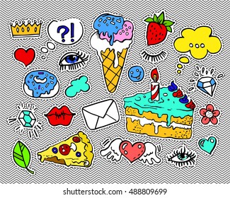 Fashion modern doodle cartoon patch badges or stickers with speech bubbles, stars, heart, lips and other elements. Set of cartoon pins in 80s 90s pop art. Vector Illustration.