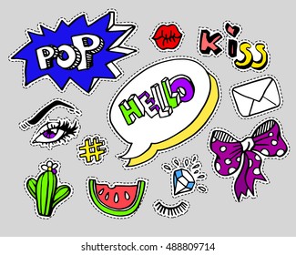 Fashion modern doodle cartoon patch badges or stickers with speech bubbles, stars, heart, lips and other elements. Set of cartoon pins in 80s 90s pop art. Vector Illustration.