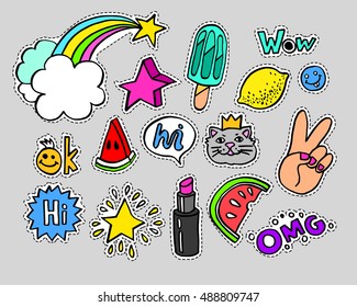 Fashion modern doodle cartoon patch badges or stickers with speech bubbles, stars, heart, lips and other elements. Set of cartoon pins in 80s 90s pop art. Vector Illustration.