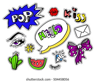 Modeerscheinungen mit modernen Doodle-Cartoon-Pflasterplakaten oder Aufklebern mit Sprachblasen, Sternen, Herz, Lippen und anderen Elementen. Set von Cartoon-Pins in 80er-90er-Jahren Pop-Art. Vektorgrafik.