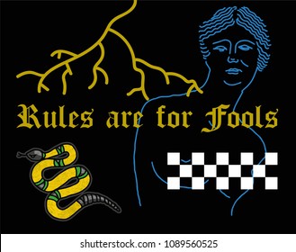 fashion modern graphic print for clothes t shirt with lettering "Rules are for fools" with line  Greek woman, snake, head tiger, lightning. Modern vector illustration sticker poster.