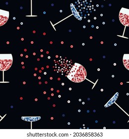 Modeerscheinungen mit modernem, nahtlosem Muster aus Rotweinglas und blauem Cocktail. Sequin-Elemente. Schlag und Funkeln.