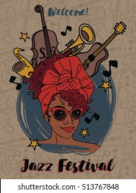 Fashion modern woman and musical instruments, jazz festival poster, vector illustration