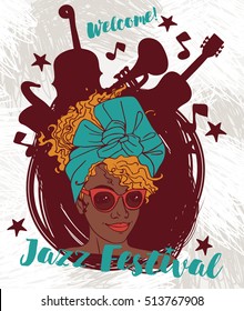 Fashion modern woman and musical instruments, jazz festival poster, vector illustration