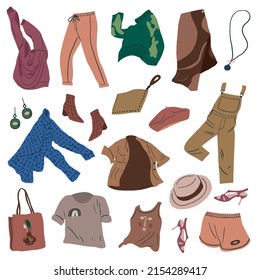 Colección moderna de moda de ropa para mujeres. Prendas y accesorios femeninos caseros. Abrigo, saltador, camisa, zapatos, pantalones, bolsa, zapatos volando. Ilustración vectorial plana coloreada aislada en fondo blanco