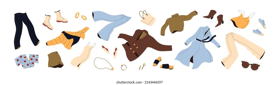 Fashion modern women clothes set. Casual female garments and accessories for spring. Coat, jacket, shoes, trousers, sunglasses flying. Colored flat vector illustrations isolated on white background - Shutterstock ID 2143446597