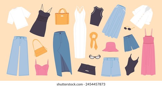 Fashion modern women clothes set. Summer women's clothing, bags, sunglasses. Dresses, tops, denim skirt, shorts, sunglasses. Color flat vector illustrations isolated on background.