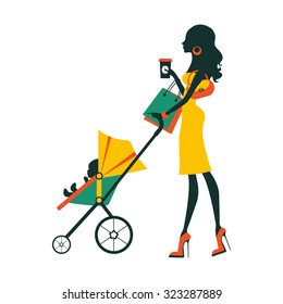 Fashion mom with baby in pram under umbrella. Vector illustration