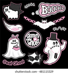 Fashion monsters patch badges. Set of stickers, pins in cartoon style. Ghost Character