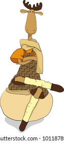 fashion moose sits with his legs and arms crossed in a scarf