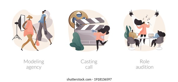 Fashion and movie industry abstract concept vector illustration set. Modeling agency, casting call, role audition, commercial shootings, brand advertising, talent search, interview abstract metaphor.