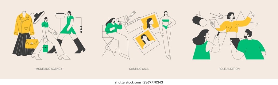 Fashion and movie industry abstract concept vector illustration set. Modeling agency, casting call, role audition, commercial shootings, brand advertising, talent search, interview abstract metaphor.