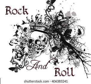 Fashion or music vector  background with hand drawn human skull with crown flourishes and butterflies for design