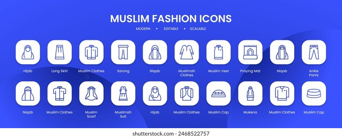 Fashion muslim icon collection with black filled line outline style. fashion, muslim, collection, islamic, woman, arabic, islam. Vector Illustration