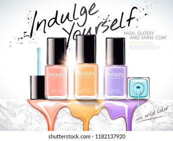 Fashion nail lacquer ads with colorful liquid dripping down from marble stone wall, 3d illustration