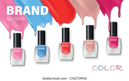 Fashion nail lacquer assortment with beautiful bright colors. Nail polish poster for Cosmetics design. 3d Vecror illustration