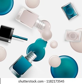 Fashion nail lacquer laying on table with dripping liquid in 3d illustration, blue and grey tone