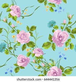 Fashion native seamless pattern with roses and peonies on blue background. Vector traditional floral bouquet template with  flowers for fabric print, packaging, embroidery, greeting card design.