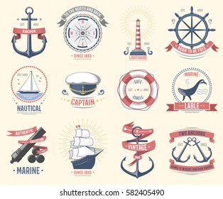 Fashion nautical logo sailing themed label or icon with ship sign anchor rope steering wheel and ribbons travel element graphic badges vector illustration.