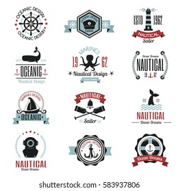 Fashion nautical logo sailing themed label or icon with ship sign anchor rope steering wheel and ribbons travel element graphic badges vector illustration.