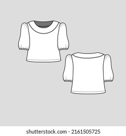 Fashion Neck Crop top Short gathering hem puff Sleeve Cropped Fashion flat sketch outline technical drawing template design vector