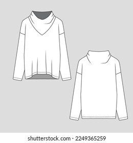 Fashion Neck Drop shoulder Top Long Sleeve Neck clothing fashion flat sketch template drawing vector