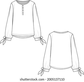 Fashion  Neck Puff  Knotted Cuff Sleeves Technical Flat Sketch Drawing Vector Design Template