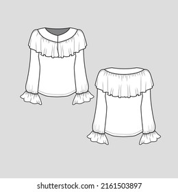 Fashion neck Ruffles  top neckline and long gathering ruffles frill hem sleeve Fashion flat sketch outline technical drawing template design vector