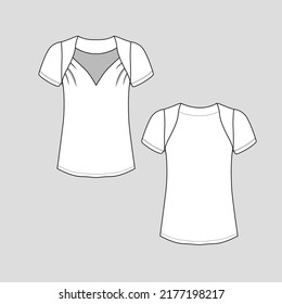 Fashion Neck Top Neck detail short Sleeve shirt top blouse flat sketch technical drawing template design vector