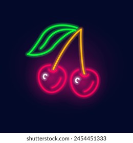 Fashion neon. Cherry sign. Night bright signboard, Glowing light berry. Summer logo, emblem for Club or bar concept