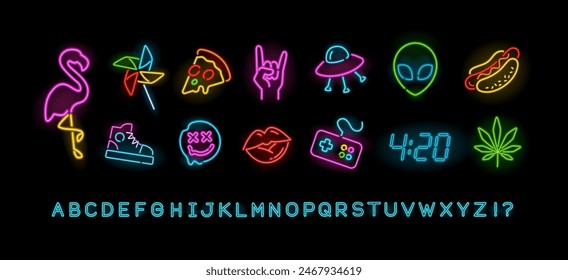 Signo de neón de moda e iconos establecidos sobre fondo negro.  Conjunto de iconos de neón de flamenco rosa, ovni, gamepad, pizza, alien, hot dog. Letrero de noche de neón, Anuncio brillante, logo para club o bar. Vector editable