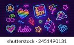 Fashion Neon Sign set 5 on brick wall background. Editable neon icons set of Ranbow Heart sign, Unicorn, Cherry, cocktail, etc. I Iove 90s Neon night sign, a glowing light banner for club or bar party