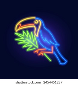 Fashion neon sign. toucan bird on a branch. Night bright signboard, Glowing light. Summer logo, emblem for Club or bar concept