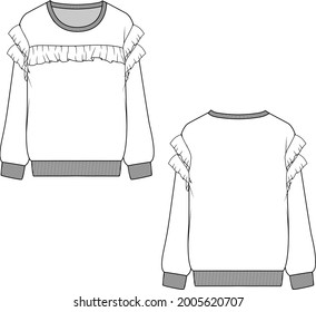 Fashion new trendy ruffle detail sweatshirt technical drawing flat sketch design vector