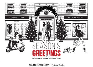 Fashion New year season's greeting card. Christmas boutique facade with holidays decoration, fashion women in modern winter outfits posing at shop front with bags. Black and white vector illustration