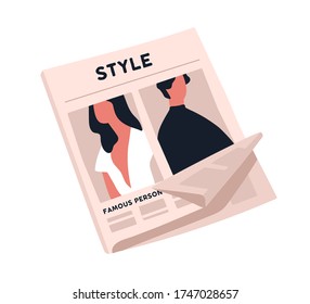 Fashion Newspaper With Crumpled Page Vector Flat Illustration. Paper Magazine Sheet With Stylish Man And Woman Image Isolated On White Background. Cartoon Periodical Publication Of Various Articles