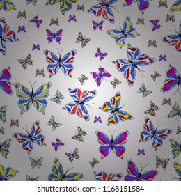 Fashion nice fabric design. Abstract seamless background. Illustration on white, blue and yellow colors. Vector butterflies pattern.