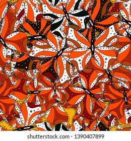 Fashion nice fabric design. Illustration on black, white and orange colors. Abstract seamless background. Vector butterflies pattern.