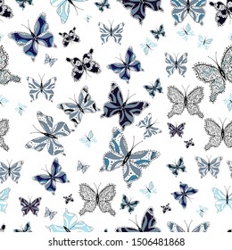 Fashion nice fabric design. Picture on black, neutral and white colors. Decorative hand drawn butterflies. Vector illustration.