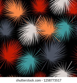 Fashion night style jungle pattern  seamless background. Bright colors palm leaves isolated on black background.