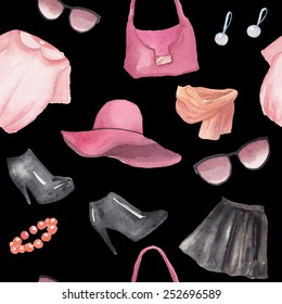 Fashion objects seamless pattern with black background. Hand drawn watercolor clothing and accessories: leather skirt, blouse, hat, bracelet, earrings, scarf, bag, sunglasses, boots. Vector texture