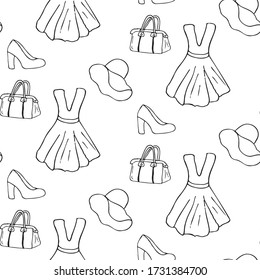 Fashion objects seamless pattern. Hand drawn dress, shoes, bags and hats
