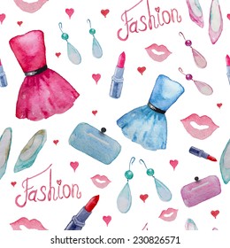 Fashion objects seamless pattern. Hand drawn watercolor party dress, earings, lipstick, clutch, shoes, kisses and hearts.