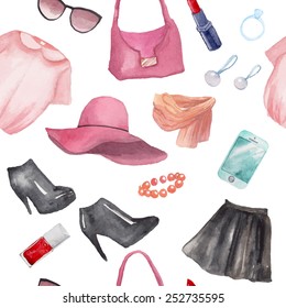 Fashion objects seamless pattern. Hand drawn watercolor clothing, cosmethics and accessories: leather skirt, blouse, hat, bracelet, earrings, scarf, bag, sunglasses, boots, lipstick.