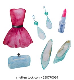 Fashion objects set. Hand drawn watercolor party dress, earings, lipstick, clutch, ballet flats