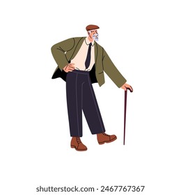 Fashion old man leaning on cane. Modern aged person in cap standing. Happy fashionable senior wearing trousers, trendy jacket, stylish outfit. Flat isolated vector illustration on white background