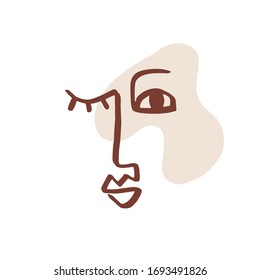 Fashion one line drawing, elegant woman face. Abstract female portrait. Vector brush modern glamour poster, minimalistic style. Abstract continuous linear art, t shirt print.