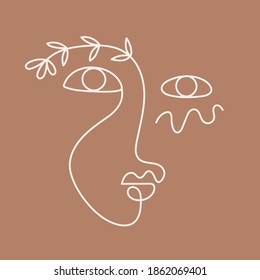 Fashion One line drawing logo, women face with plant. Abstract nature female portrait. Vector lines modern glamour poster, logotype, minimalistic style. Abstract continuous linear art, t shirt print.